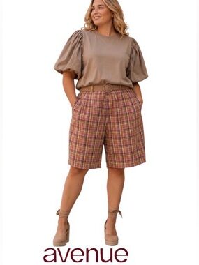 26W Avenue Perfect Plaid Oversized Cotton Wide Leg Bermuda Shorts